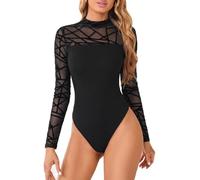 Women's Bodysuit Long Sleeve Body Suit Turtle Neck Mesh Bodies with Snap
