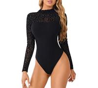 Women's Bodysuit Long Sleeve Body Suit Turtle Neck Mesh Bodies with Snap