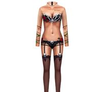 Womens Bodysuits 3D Print Costume Stretch Skinny Catsuit Overall Jumpsuit (L,Nude)