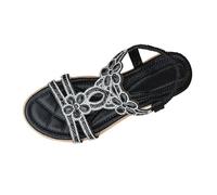 Women's Bohemia Sandals with Rhinestones Casual Flat Sandals Glitter Beach Shoes Soft Soles Elastic Non-Slip Summer Shoes for Outdoor Holiday Leisure & Everyday Use, G Black, 7 UK