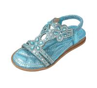 Women's Bohemia Sandals with Rhinestones Casual Flat Sandals Glitter Beach Shoes Soft Soles Elastic Non-Slip Summer Shoes for Outdoor Holiday Leisure & Everyday Use, A light blue, 10 UK