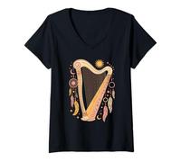 Womens Bohemian Art Harp Music Harpist Musician V-Neck T-Shirt