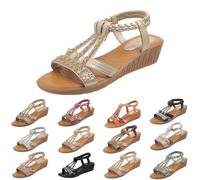 Women's Bohemian Bling Slope Heel Sandals - Casual Summer Sandal with Rhinestone Decor, Open Toe Sandals With Elastic Ankle Straps, Lightweight & Comfortable Summer Slingback shoes