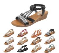 Women's Bohemian Bling Slope Heel Sandals - Casual Summer Sandal with Rhinestone Decor, Open Toe Sandals With Elastic Ankle Straps, Lightweight & Comfortable Summer Slingback shoes