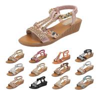 Women's Bohemian Bling Slope Heel Sandals - Casual Summer Sandal with Rhinestone Decor, Open Toe Sandals With Elastic Ankle Straps, Lightweight & Comfortable Summer Slingback shoes