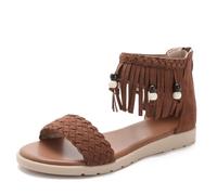 Women's bohemian braided strap fringe beaded ankle cuff open toe flat sandals summer casual beach shoes,Brown,37
