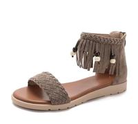 Women's bohemian braided strap fringe beaded ankle cuff open toe flat sandals summer casual beach shoes,Khaki,37