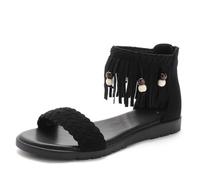 Women's bohemian braided strap fringe beaded ankle cuff open toe flat sandals summer casual beach shoes,Black,37