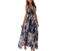 Women's Bohemian Dresses Sleeveless Chiffon Long Dress Boho Summer Dresses V-Neck Floral Print Vintage Dress High Waist Flowy Maxi Dress Casual Loose Elegant Beach Vacation Dresses for Women UK Sale