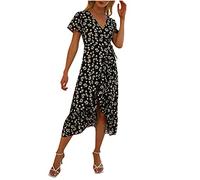 Women's Bohemian Dresses UK Sale Clearance Casual Plus Size Boho Short Sleeve Floral Long Maxi Summer Beach Swing Dress Split V Neck Midi Dresses