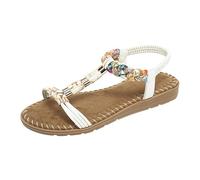Women's Bohemian Flat Sandals Rhinestone Casual Sandal Summer Comfortable Sparkling Bohemian Beach Beaded Outdoor Wedding Open Toe Shoes (White, 3.5)