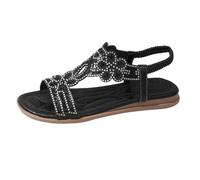 Women's Bohemian Flat Sandals Rhinestone Casual Sandal Summer Comfortable Sparkling Bohemian Beach Beaded Outdoor Wedding Open Toe Shoes (Black, 4.5)