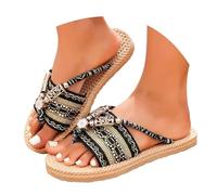 Women's Bohemian Flat Sandals Summer Open Toe Slip On Flip Flops Causal Clip On Flat Slide Sandals Colourful Beach Shoes Summer Mules with Ethnic Print Summer Shoes, O Black, 8 UK