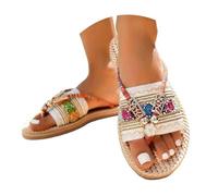 Women's Bohemian Flat Sandals Summer Open Toe Slip On Flip Flops Causal Clip On Flat Slide Sandals Colourful Beach Shoes Summer Mules with Ethnic Print Summer Shoes, O White, 8 UK