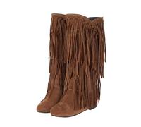 Womens Bohemian Mid-Calf Boots With Flock Tassel Details And A Comfortable Wedge Heel In An Ethnic Inspired Casual Design For Everyday Fashion