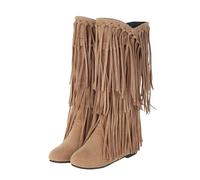 Womens Bohemian Mid-Calf Boots With Flock Tassel Details And A Comfortable Wedge Heel In An Ethnic Inspired Casual Design For Everyday Fashion