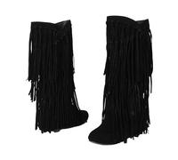 Womens Bohemian Mid-Calf Boots With Flock Tassel Details And A Comfortable Wedge Heel In An Ethnic Inspired Casual Design For Everyday Fashion