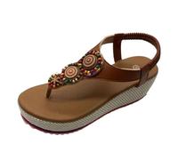 Womens Bohemian Platform Sandals Beaded Chunky Flip-Flops Summer Wide Fit Slip-on Slippers with Elastic Back Strap Thong Comfortable Clip-Toe Ladies Slingback Shoes Boho Beach Sliders (Brown, 7)