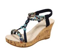 Women's Bohemian Sandals | Open Toe, Elastic Back Strap, Printed Braided Straps with Beads and Decorative Pendants in the Center | Beach, Travel, Holiday, Ethnic Allure, 01 Black, 9 UK