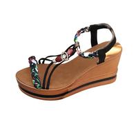 Women's Bohemian Sandals Open Toe Thin Crossed Straps with Woven Straps Printed Embellishments and Detail Jewel Strap Back Thick Platform Beach Holiday Summer, 01 Black, 4 UK