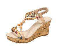 Women's Bohemian Slope Heel Sandals - Casual Summer Wide Fit Platform Wedge Sandal, Open Toe Sandals With Elastic Ankle Straps, Slingback Orthopedic Sandals Summer Sandals