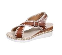Women's Bohemian Wedge Sandals | Open Toe with Cross Straps, Side Buckle Back Strap, Visible Decorative Stitching, Braided Edge Thick Platform | Spring Summer City, Vacation, 01 Brown, 7 UK