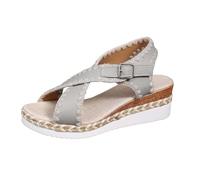 Women's Bohemian Wedge Sandals | Open Toe with Cross Straps, Side Buckle Back Strap, Visible Decorative Stitching, Braided Edge Thick Platform | Spring Summer City, Vacation, 01 Grey, 6 UK