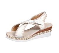 Women's Bohemian Wedge Sandals | Open Toe with Cross Straps, Side Buckle Back Strap, Visible Decorative Stitching, Braided Edge Thick Platform | Spring Summer City, Vacation, 01 White, 9 UK