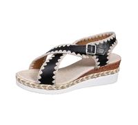 Women's Bohemian Wedge Sandals | Open Toe with Cross Straps, Side Buckle Back Strap, Visible Decorative Stitching, Braided Edge Thick Platform | Spring Summer City, Vacation, 01 Black, 8 UK