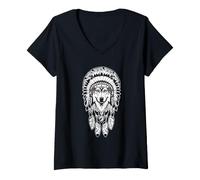 Women's Bohemian Wolf Portrait Native American Feather Wildlife Art V-Neck T-Shirt
