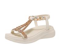 Women's Boho Beaded Platform Sandals, Elastic Ankle Strap 5CM Wedge Shoes for Summer & Casual (Beige,5.5)