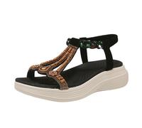 Women's Boho Beaded Platform Sandals, Elastic Ankle Strap 5CM Wedge Shoes for Summer & Casual (Black,5.5)