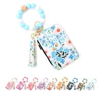 Women's Boho Beaded Purse with Floral Design, Keychain Wallet with Wristlet Strap, Credit Card Holder Organiser (Light Blue)