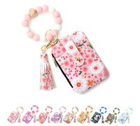 Women's Boho Beaded Purse with Floral Design, Keychain Wallet with Wristlet Strap, Credit Card Holder Organiser (Light Pink)