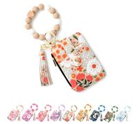 Women's Boho Beaded Purse with Floral Design, Keychain Wallet with Wristlet Strap, Credit Card Holder Organiser (Khaki)