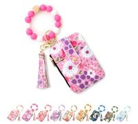Women's Boho Beaded Purse with Floral Design, Keychain Wallet with Wristlet Strap, Credit Card Holder Organiser (Rose red)