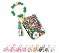 Women's Boho Beaded Purse with Floral Design, Keychain Wallet with Wristlet Strap, Credit Card Holder Organiser (Green)