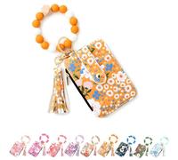 Women's Boho Beaded Purse with Floral Design, Keychain Wallet with Wristlet Strap, Credit Card Holder Organiser (Yellow)