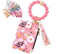 Women's Boho Beaded Wallet, Boho Beaded & Tassel Keychain Wallet, Floral Pattern Silicone Beaded Wristband Keychain Credit Card Holder (Dark Pink)