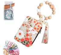Womens Boho Beaded Wallet Keychain with Flower Pattern, Boho Wristlet Wallet for Women, Bohos Style Beaded Tassel Keychain Wallets, Wristlet Credit Card Holder Purse, Khaki, Boho