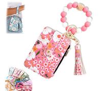 Womens Boho Beaded Wallet Keychain with Flower Pattern, Boho Wristlet Wallet for Women, Bohos Style Beaded Tassel Keychain Wallets, Wristlet Credit Card Holder Purse, Deep Pink