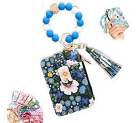 Womens Boho Beaded Wallet Keychain with Flower Pattern, Boho Wristlet Wallet for Women, Bohos Style Beaded Tassel Keychain Wallets, Wristlet Credit Card Holder Purse, Dark Blue, Boho