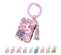 Women's Boho Beaded Wallet with Flower Pattern, Beaded Wristlet Keychain Wallet, Credit Card Holder with Beaded & Tassel (Light Purple)