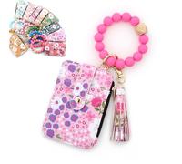 Women's Boho Beaded Wallet with Flower Pattern, Boho Style Beaded Tassel Keychain Wallet, Bohos Wristlet Wallets for Women, Rose Red