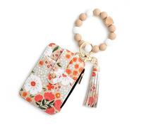 Women's Boho Beaded Wallet with Flower Pattern, Boho Wristlet Wallet, Women Beaded & Tassel Decorated Keychain (Khaki)