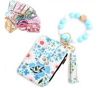Women's Boho Beaded Wallet with Flower Pattern,with Flower Pattern,Tassel Decorated Bracelet Keychain Wallet,Bracelet Keychain,Lightweight Wristlet for Women Travel and Everyday Use (Light Blue)