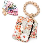 Women's Boho Beaded Wallet with Flower Pattern, Women Boho Style Beaded & Tassel Decorated Keychain, Credit Card Holder Purse (Khaki)