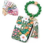 Women's Boho Beaded Wallet with Flower Pattern, Women Boho Style Beaded & Tassel Decorated Keychain, Credit Card Holder Purse (Green)