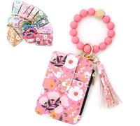 Women's Boho Beaded Wallet with Flower Pattern, Women Boho Style Beaded & Tassel Decorated Keychain, Credit Card Holder Purse (Dark Pink)