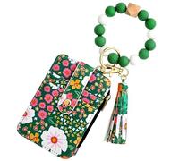 Women's Boho Beaded Wallet with Flower Pattern, Women's Boho Style Beaded & Tassel Decorated Keychain Wallet Credit Card Holder Purse, Waterproof (Green)